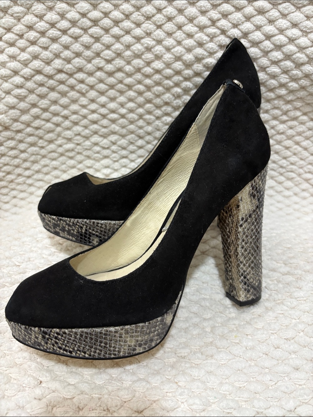 MICHAEL Michael Kors Black Suede Pumps with Snake-Print Platform & Block Heel